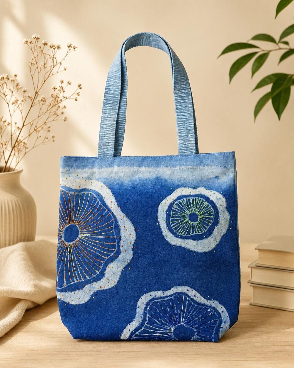Handmade Cotton Tote Bag | Embroidered Indigo Batik Tote | Lotus Shoulder Bag